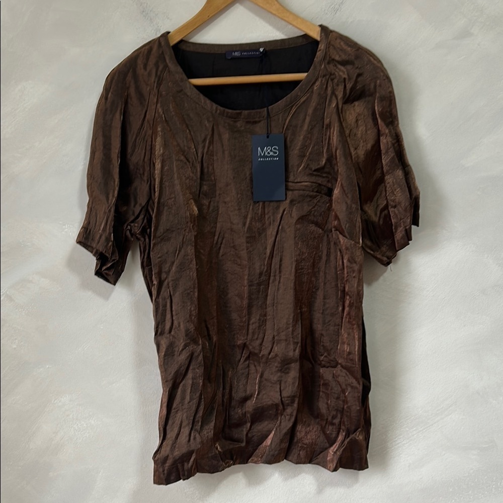 M&S collection brown shiny boxy top tshirt NWT